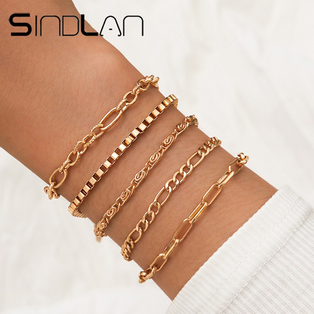 Geometric Simple Gold 6Pcs Couple Bracelet Set for Women Charm Easy Hook Full Crystal Exaggerated Female Hollow Wrist Jewelry: S767