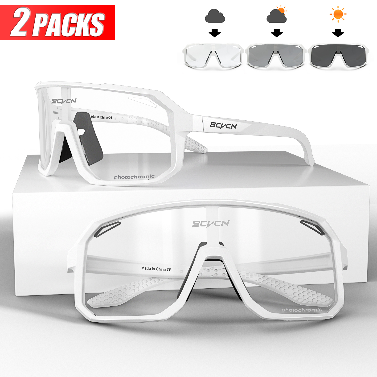 2 Packs Fotochromische Fietsen Zonnebril Mtb Fietsbril Bril Fiets Mountainbike Heren Sport Brillen Brillen: Rood
