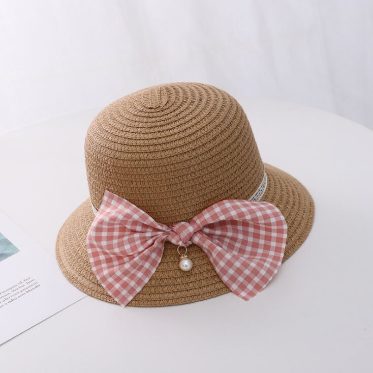 Zomer Kind Prinses Leuke Cartoon Stro Hoed Met Handtassen Tassen 2 Stuks Een Set Kids Meisje Baby Boog Plaid panama Zonnehoed: Hat  khaki
