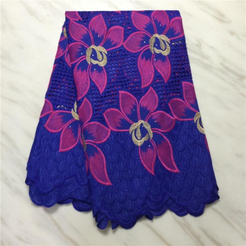 Tela de algodón de gasa Suiza perforada, lazo leche seda, bordado de flores con piedra, 5 yardas, brocado nigeriano, tejido francés africano: Azul real