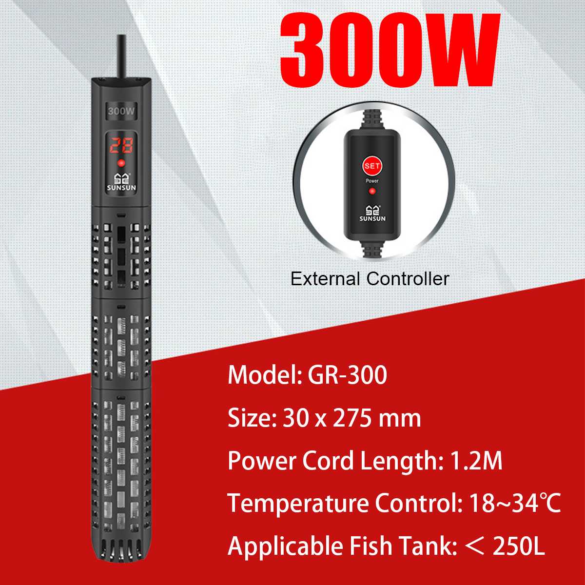 50w-500w akvarievarmestang intelligent lcd-skærm digital justerbar konstant temperaturkontrol akvariumvarmer: 300w