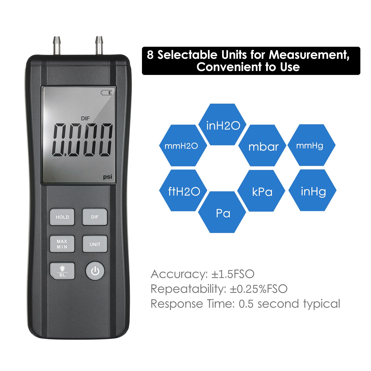 KKmoon Dual-port Digital Manometer Handheld Differential Pressure Gauge HVAC Gas Pressure Meter Large LCD Backlight: FU-P1