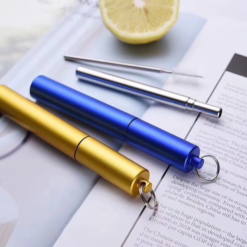 Draagbare Inklapbare Eco Vriendelijke Opvouwbare Rvs Straw Herbruikbare Metalen Stro Met Case Brush Drinken Bar Accessoires