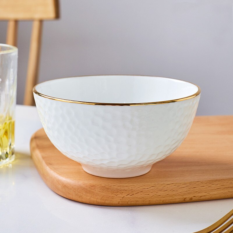 Bol à soupe doré fait à la main, vaisselle chinoise en céramique, petit bol à nouilles de riz en porcelaine en relief avec bord doré
