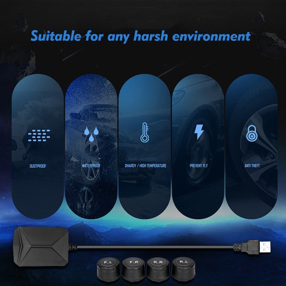 Tire Pressure Monitoring System For Android Navigation with 4 External Sensors Real-time Display 4 Tires' Pressure &amp; Temperature