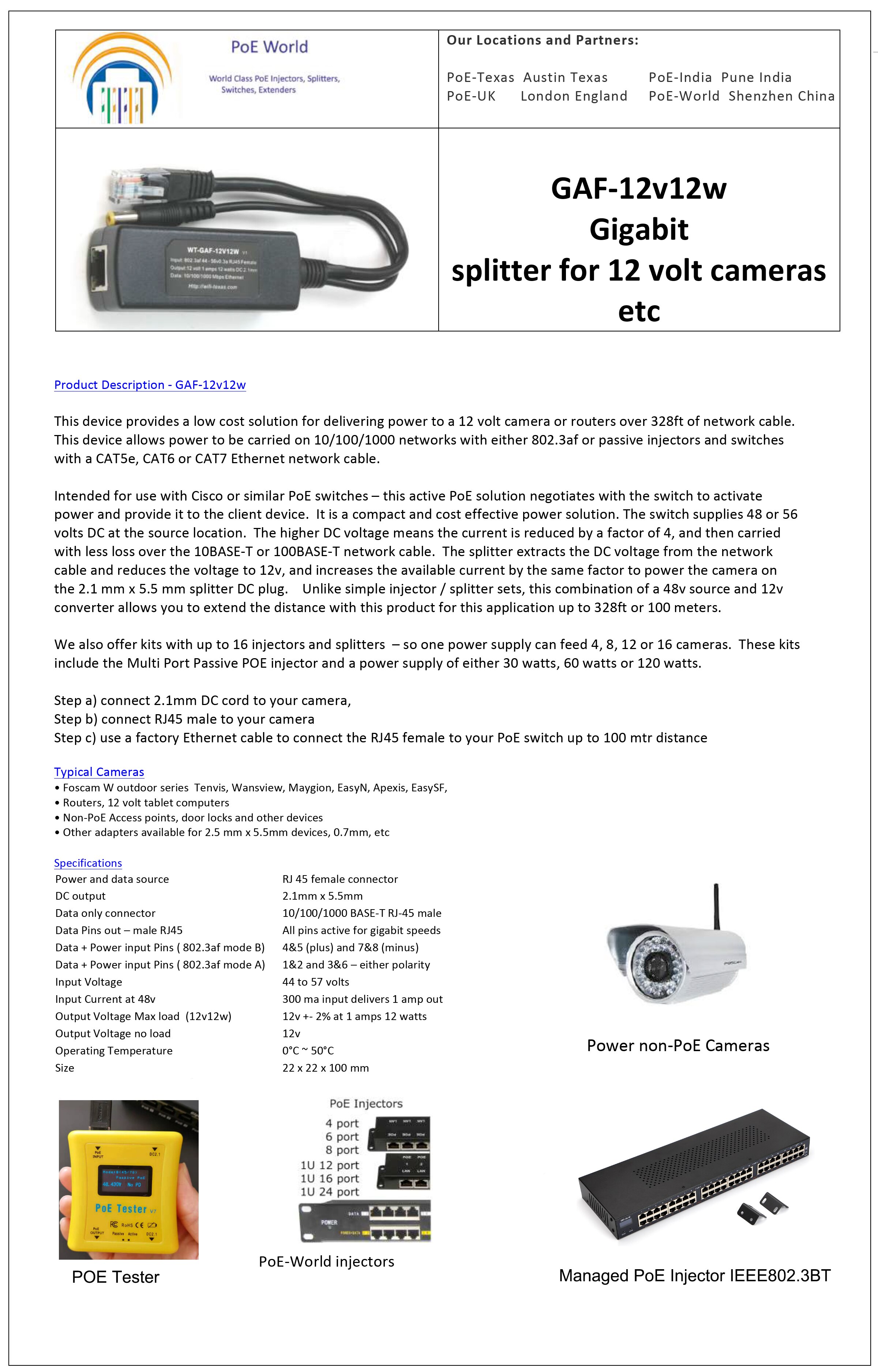 GAT-12V12W 802.3af Gigabit Poe Splitter with 12V output for Non-poe Camera PoE seperator for any 12V devices