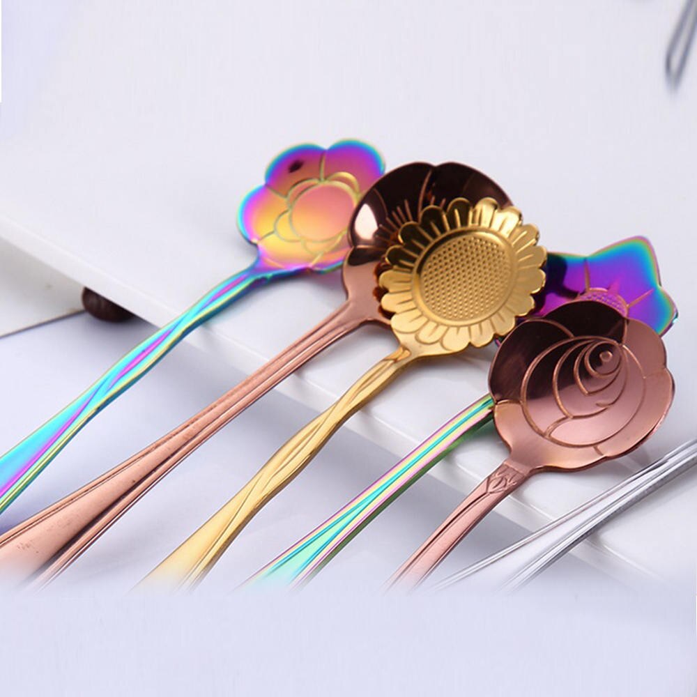 8 Pieces/Set Flower Shaped Spoon Dessert Coffee Stirring Scoop Long Handle Mini Dessert Spoons Tableware Decor