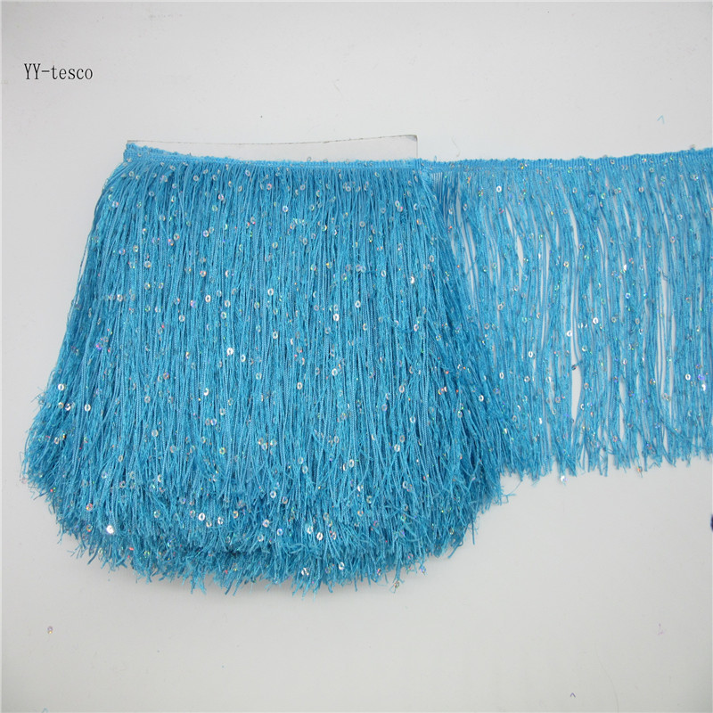 Cinta de ajuste de flecos de borlas de encaje de poliéster de 5 metros, 20CM de largo, accesorios para costura de vestido latino, cortina de ropa de escenario, flecos blancos: Sky blue