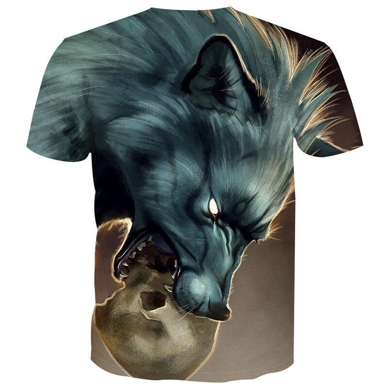Fun cartoon graffiti dangling skull dibujo de lobo pantalón corto casual-sleeve T-shirt
