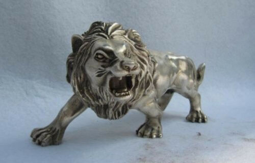 Estatua de la suerte de León, animal de plata y cobre, fengshui folclórico chino