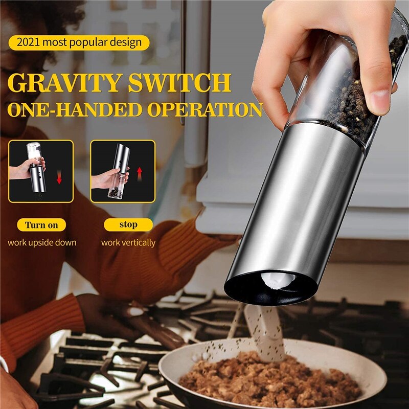 Electric Salt &amp; Pepper Grinder USB Rechargeable Pepper Mill Adjustable Coarseness LED Light Automatic Spice Grinder Kitchen Tool