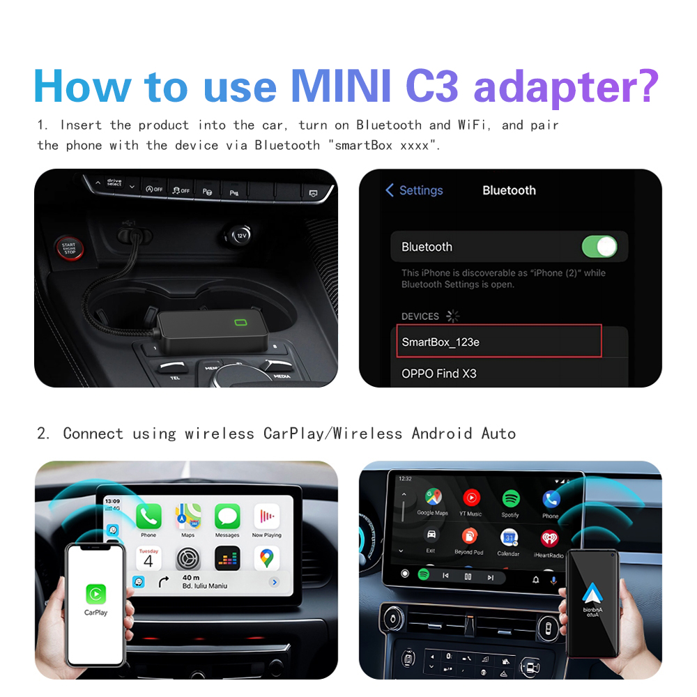 Oppgradert mini  c3 trådløs carplay-adapter i aluminiumslegering, trådløs android-autodongle, plug and play, bt wifi, automatisk tilkobling