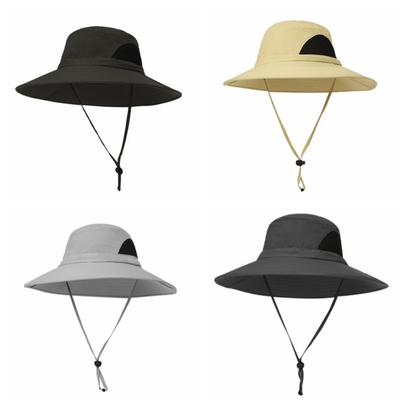 Fisherman Bucket Cap Nylon Wide Brim Sunshade Anti UV Waterproof Folding Outdoor Hat Head Wear With Adjustable Chin Strap