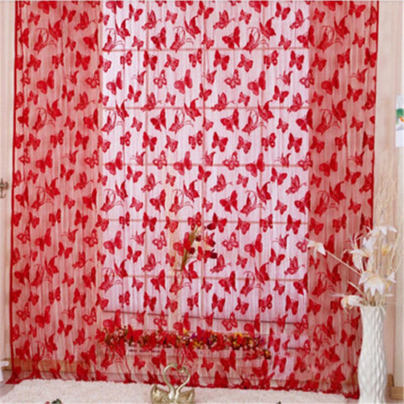 window curtain set living room Window Butterfly Pattern Tassel String Room Chiffon Curtain Divider curtains for living room: Red