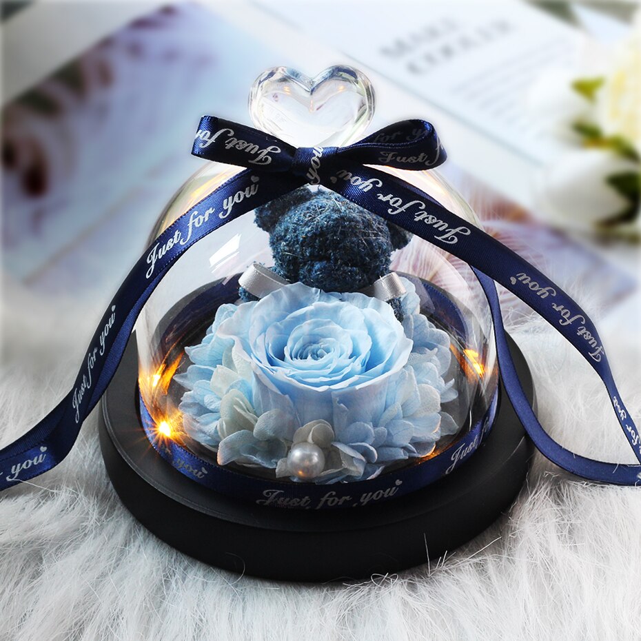 Getrocknete Blumen Ornamente Erhalten Rosen Bears in Glas Abdeckung mit Lichter Hochzeit Weihnachten Neue Jahr Wohnkultur für Mädchen