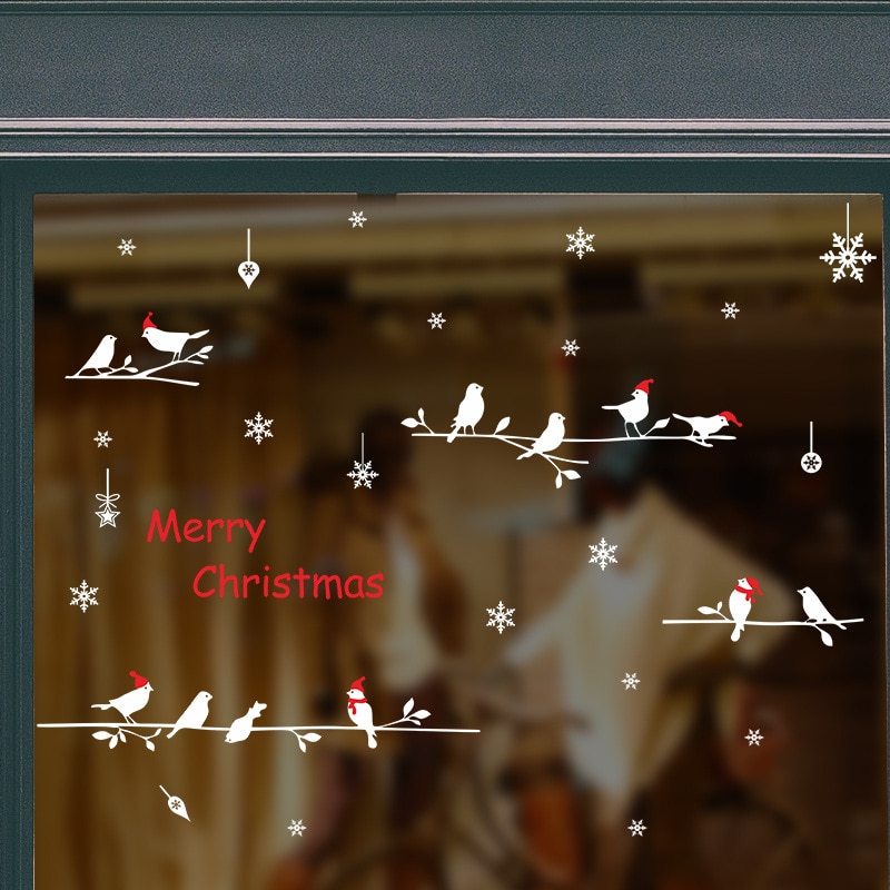 Kerst Sneeuwvlok Boomtak Vogel Muursticker Kerst Glazen Raam Decoratie Muurschilderingen Decals Jaar Behang Stickers