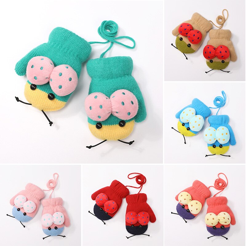 REAKIDS Cute Cartoon Children Gloves 2-5 Years Old Winter Knit Baby Mittens Velvet Thick Children Kids Keep Finger Warm