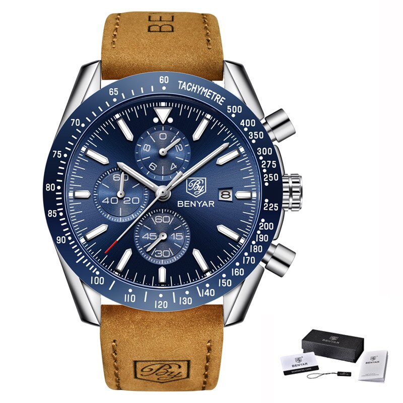 Luxe heren Horloge BENYAR Lederen Armband Sport Waterdicht Chronograaf Lederen Quartz Horloges Mannelijke Relogio Masculino: brown silver blue