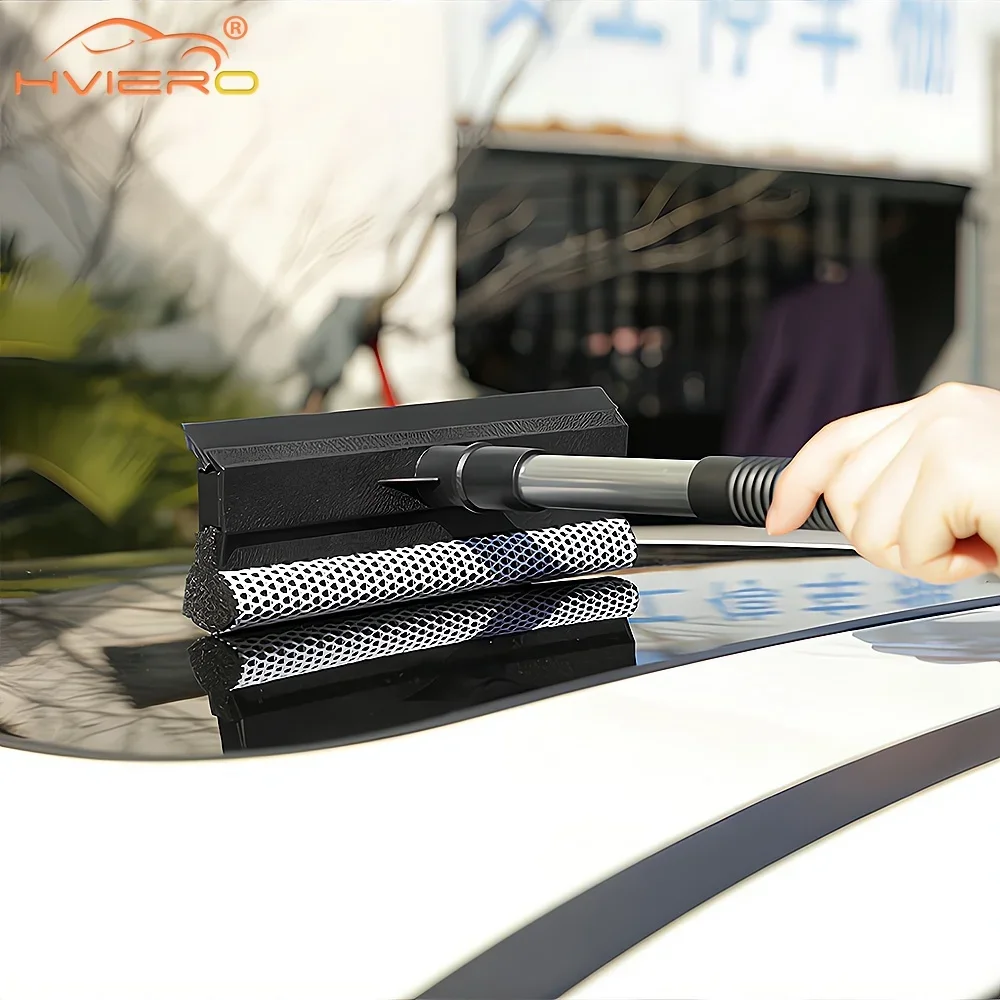 Limpador de carro retrátil, cabo longo, dupla face, multifuncional, aço inoxidável, escova de janela, limpador de vidro, raspador, esponjas, ferramentas