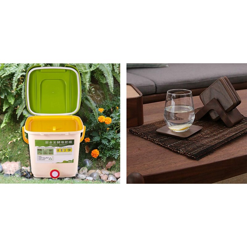 1 Pcs 12L Compost Bin Recycle Prullenbak Voedsel Afvalbakken &amp; 1 Set Natuurlijke Houten Onderzetters