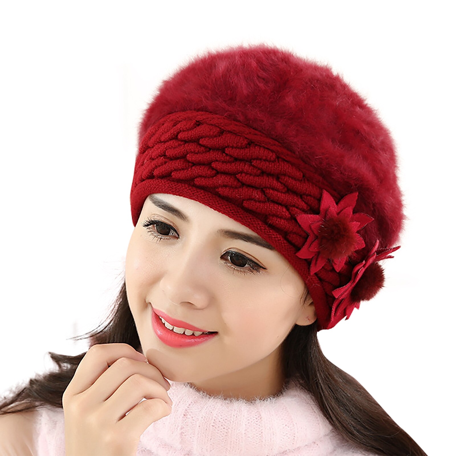 Beret Women Winter Hat Beanie Warm Knit Flower Double Layers Soft Thick Thermal Snow Skiing Outdoor Hats For Female Caps: Wine 