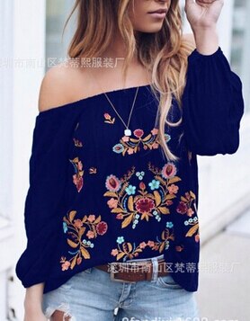 US Plus Size Women Casual T-shirt Flower Top Long Sleeve Off Shoulder Tee Blouse: XXXL / C