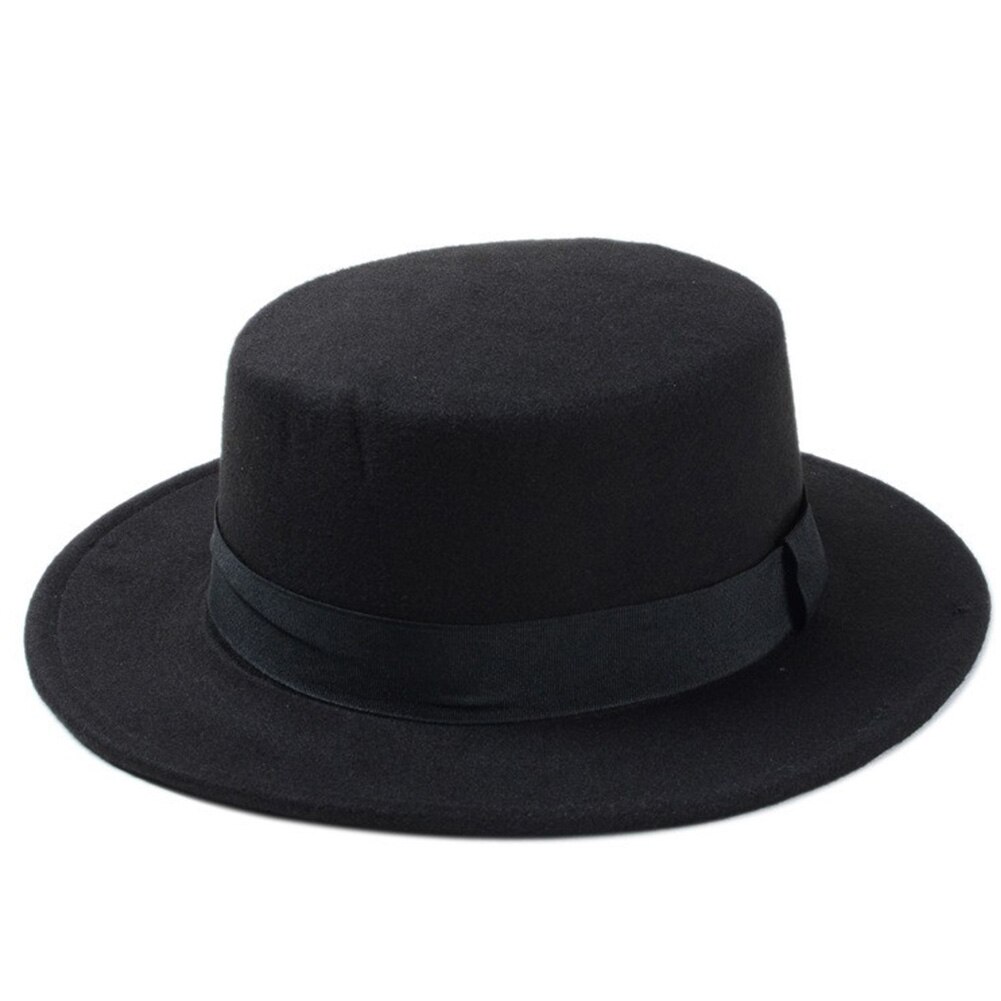 Brand Wool Boater Flat Top Hat For Women Felt Wide Brim Fedora Hat Laday Prok Pie Chapeu de Feltro Bowler Gambler Top Hat: Black