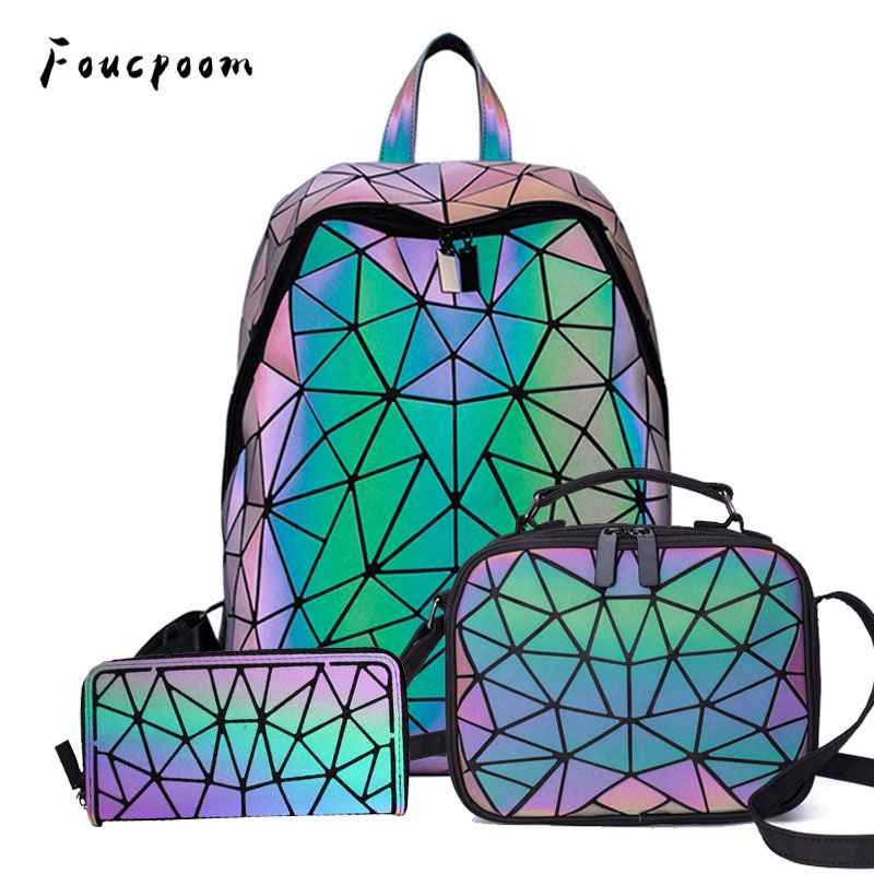 Mochila escolar plegable para mujer, bolso cruzado para mujer, Clutch y bolso geométrico luminoso para ordenador portátil, pack holográfico, conjunto de 3 uds