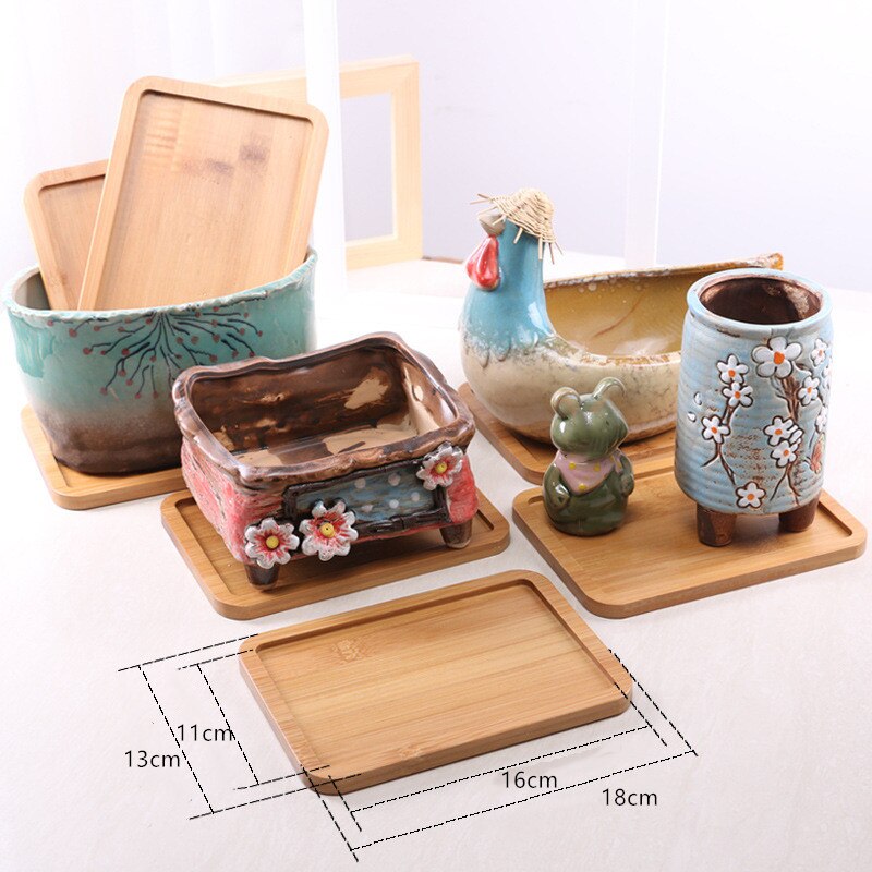Flower Pot Trays Bamboo Display Square Round Flower Rack Micro Plant Holder Stander Receive Water for Office Garden Decoration