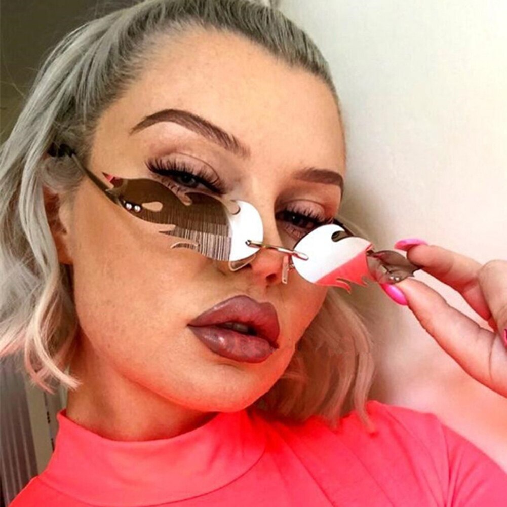 Dames cat eye smalle bril retro metalen montuur vuur vlam randloze golf zonnebril dames spiegel zonnebril  uv400