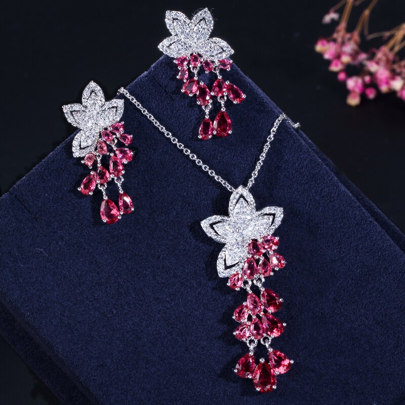 CWWZircons Cubic Zirconia Tassel Flower Earrings and Pendant Necklace Ladies Jewelry Sets T334