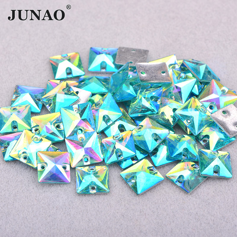 JUNAO 100pc 10mm Naaien Crystal AB Vierkante Strass Applique Plaksteen Resin Crystal Stones Naai Op Strass voor Kleding ambachten: 100pc 10mm AquamAB