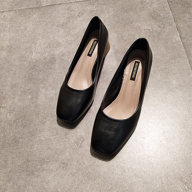 Eoeodoit vår høst med hæl sko kvadrat tå lær pumps slip on uformell chunky hæl kontor dame arbeidssko