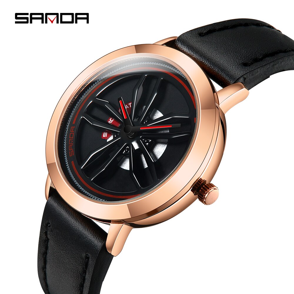 Rotating Wheel Dial Men Watches Car Rim Sports Quartz Watches Waterproof Leather Band Watches Relogio Masculino: Rose