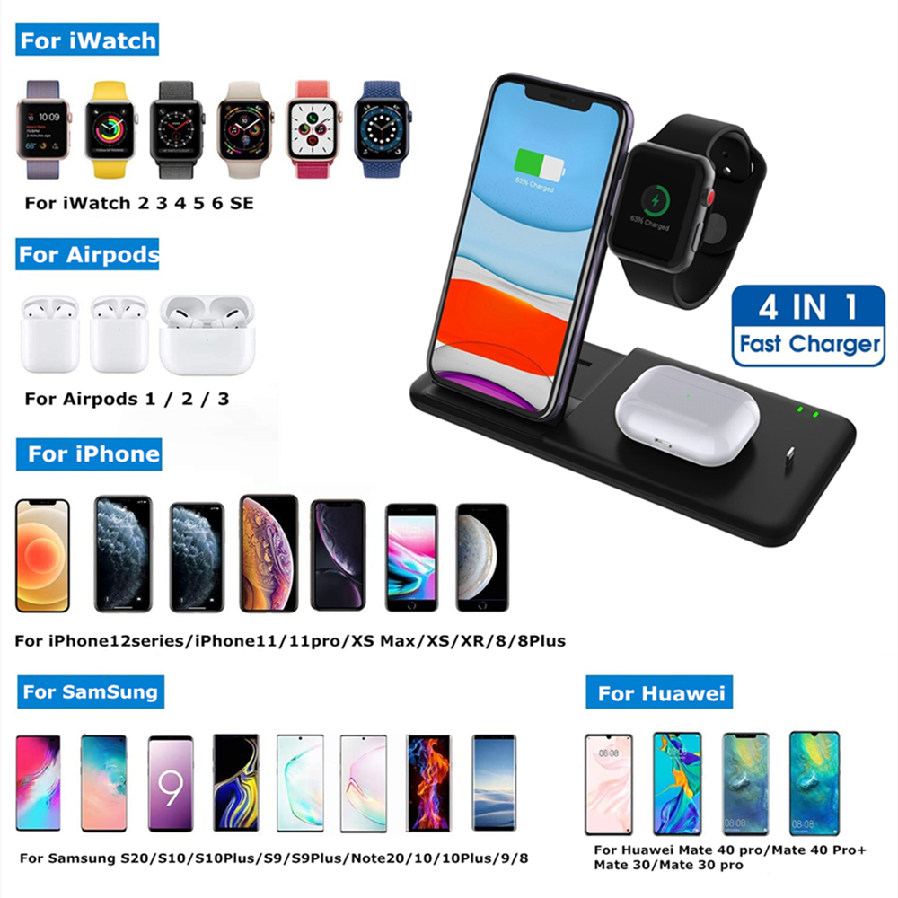 4-in-1 Wireless Charger Station 15W - For Apple Watch, AirPods, iPhone, Samsung - Type-C