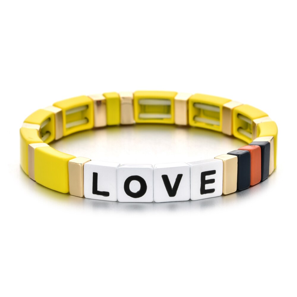 Mode Kleurrijke Regenboog Emaille Tegel Armband Vrouwen Meisjes Brief Liefde Armbanden Elasticiteit Manchet Bangles Partij Sieraden