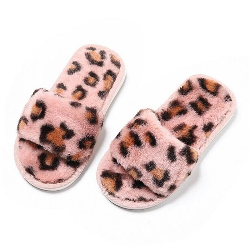 Barn leopard bomull tofflor hem halkfria stum skor barn vinter varma plysch tofflor coola pojkar tjejer tofflor med öppen tå: Rosa / 31