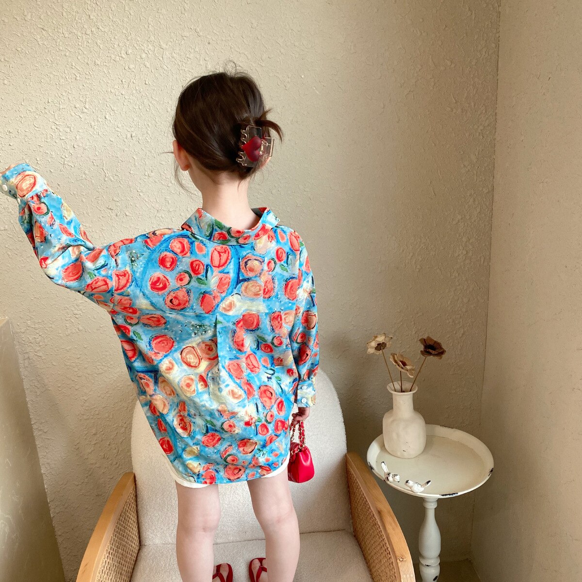1000B 2022 camicette per ragazze a manica lunga primavera pittura a olio floreale stile retrò top per bambini vestiti per ragazze coreane abbigliamento per bambini