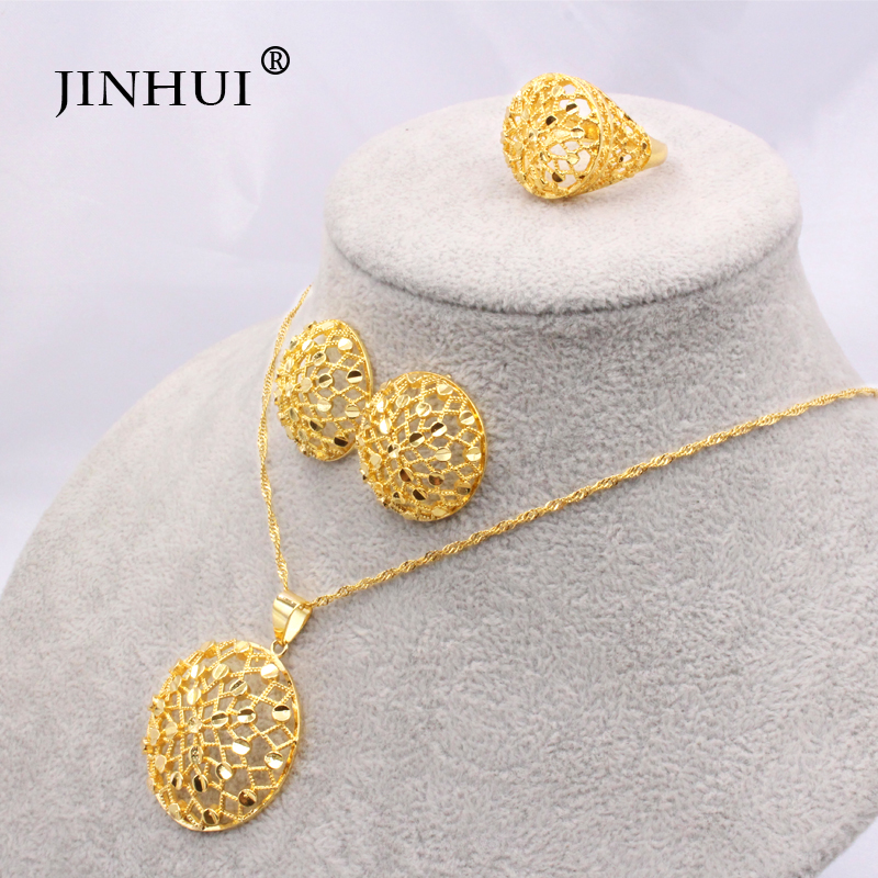 Ethiopia 24K gold plated Dubai jewelry sets women African Party wedding Necklace and Earrings ring sets 45cm Pendant