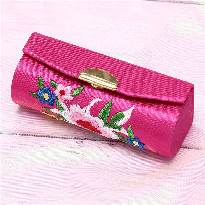 Holder Flower Lipstick Case Retro Embroidered With Mirror Jewelry Packaging Box: rose red