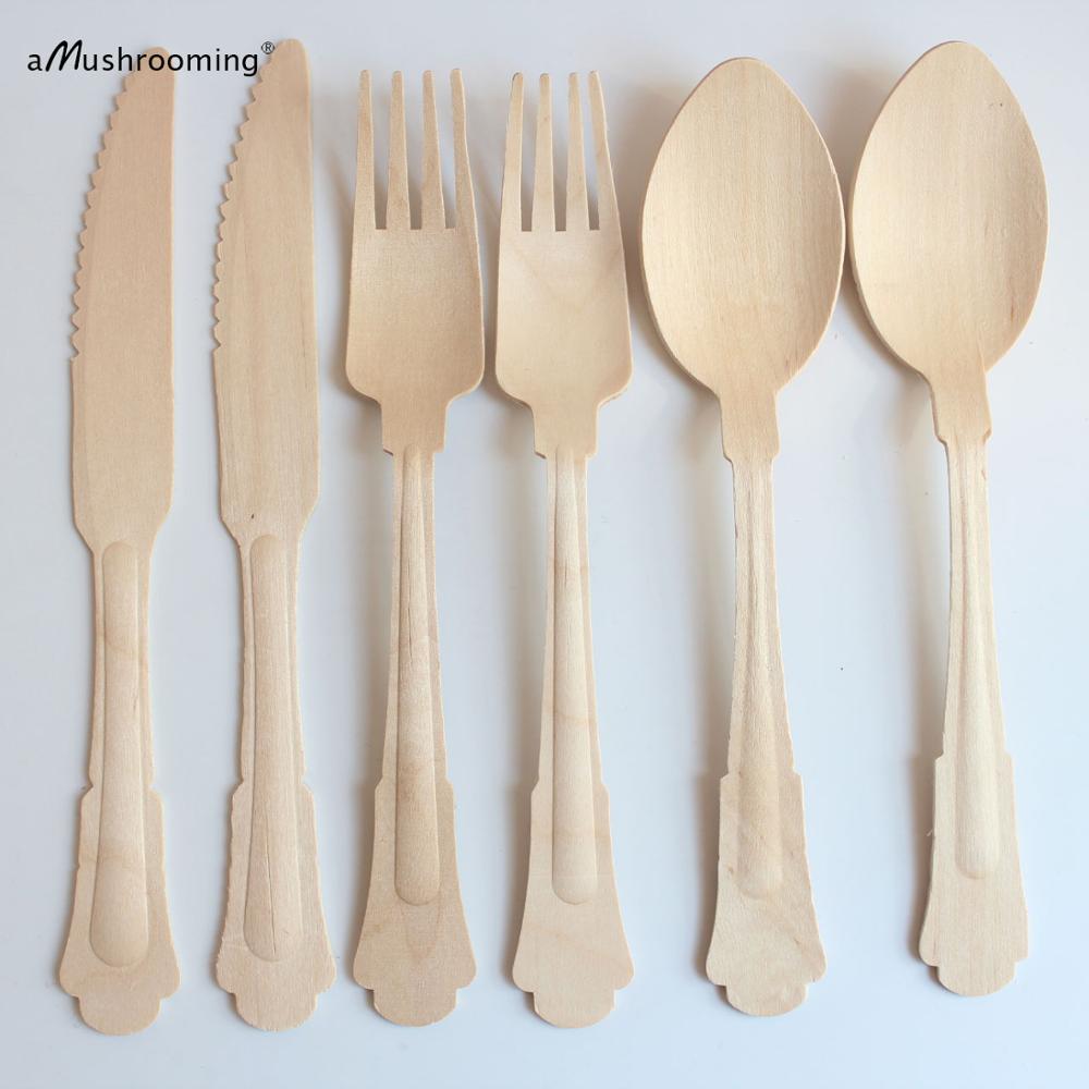 10Pcs Grote 20Cm Vintage Wegwerp Houten Bestek Cake Mes Buffet Tafel Lepels Vorken Wedding Bridal Shower Verjaardag Bestek