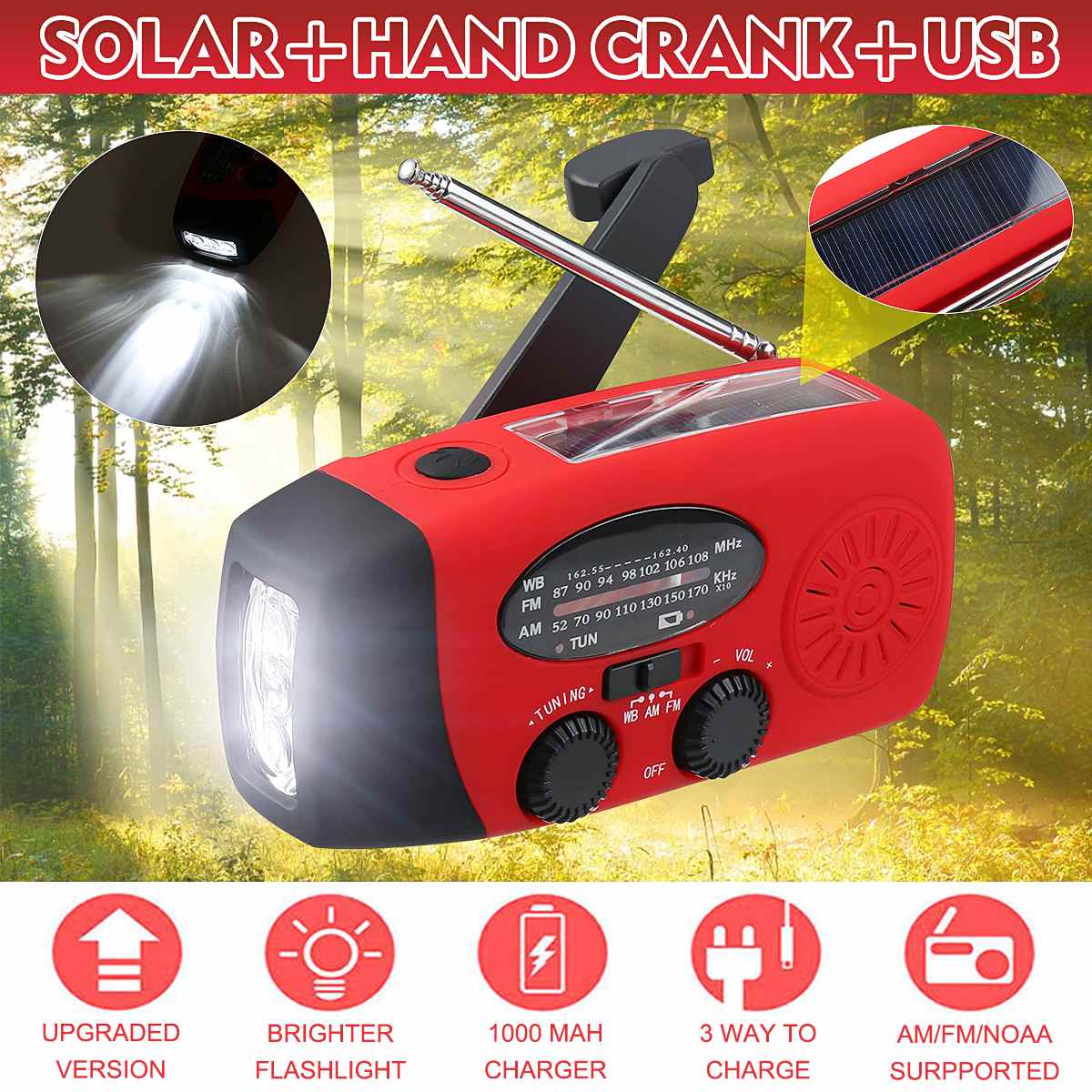Emergency Hand Crank Manual Crank Generator Am Fm Solar Weer Radio Met Led Zaklamp Zelf Aangedreven 1000Mah Power Bank