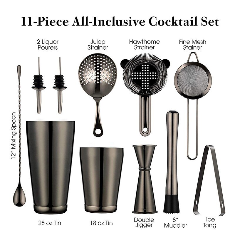 11-Piece Cocktail Shaker Bar Set Weighted Boston Cocktail Shakers, Strainers, Double Jigger, Muddler &amp; Spoon, Ice Tong Pourers: Black Nickel