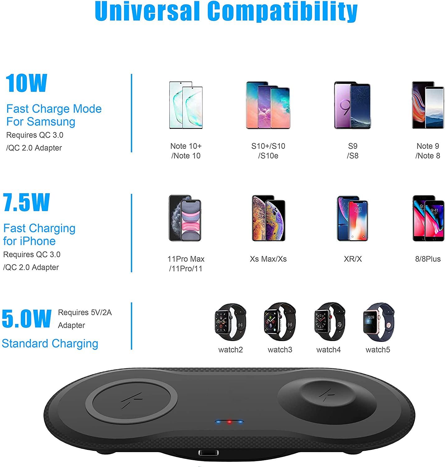 Base de carga inalámbrica para Apple Watch, cargador inalámbrico 2 en 1 de 10W para iPhone 11, XS, XR, X, 8, iwatch 6, 5, 4, 3, 2, Airpods Pro