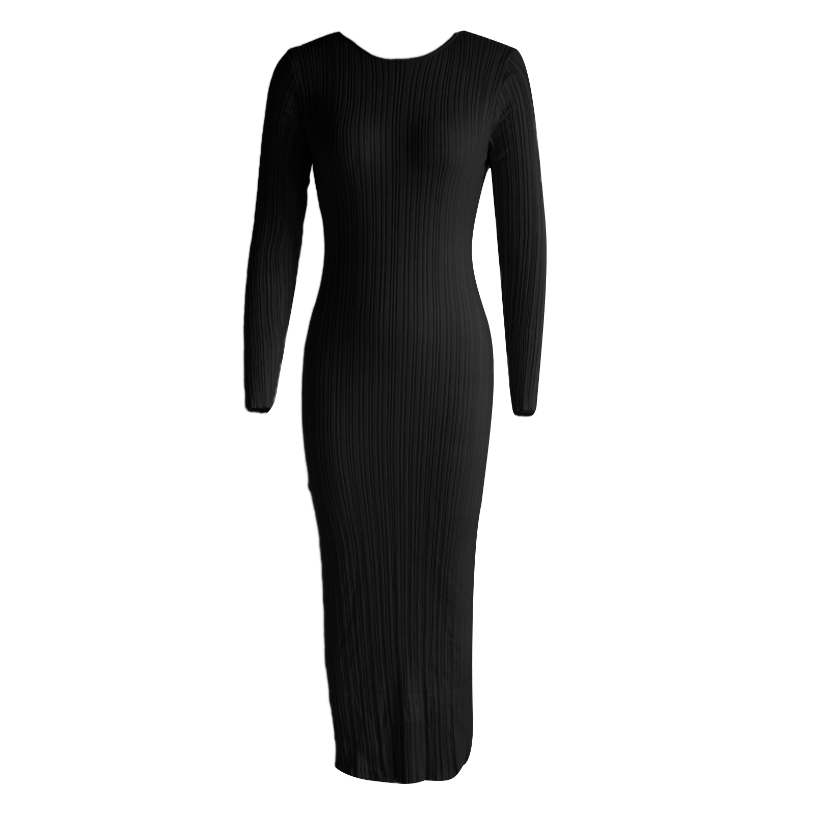 Vestido de punto ajustado de Color sólido para primavera y otoño para mujer, vestido acanalado de manga larga con cuello redondo, vestido largo ajustado: M / Negro