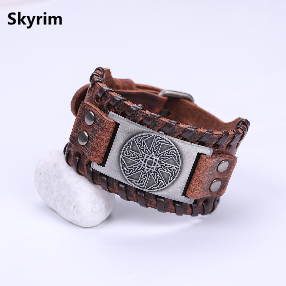 Skyrim-pulsera de cuero eslava para hombre, anís estrellado, amuleto redondo cerrado, pulsera ancha trenzada, brazalete Vikingo, joyería Vintage: Wide brown-silver