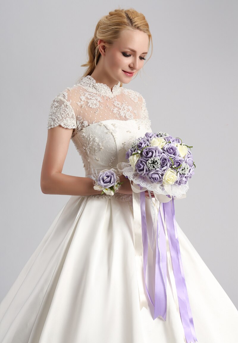 iLoveWedding Beautiful Purple Wedding Bouquet Handmade Bridal Flower Wedding Bouquets Artificial Pearls Flower Rose Bouquet