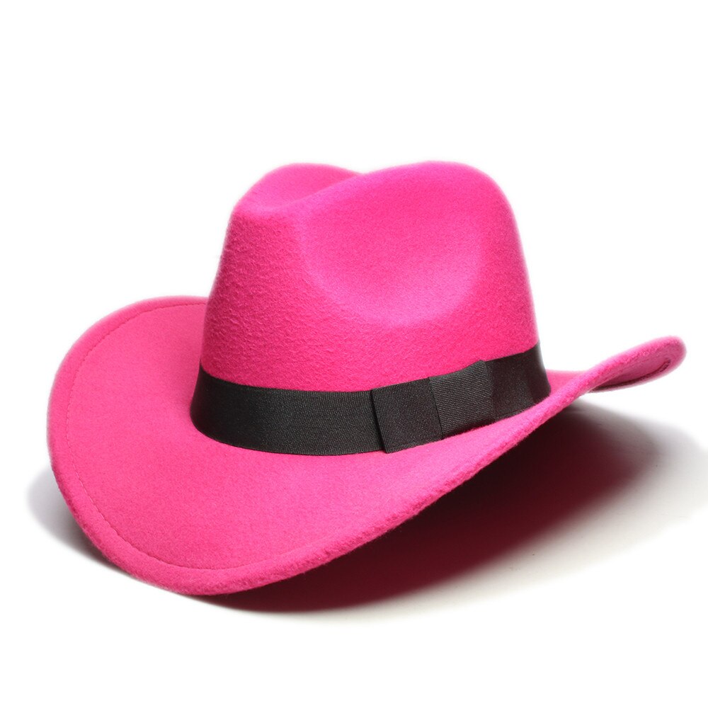 Retro Parent-child Women Men /Kid Wool Wide Brim Cowboy Western Hat Cowgirl Bowler Cap Black Bow Bowknot Ribbon Band (57//54cm): Rose / Adult Size 57cm