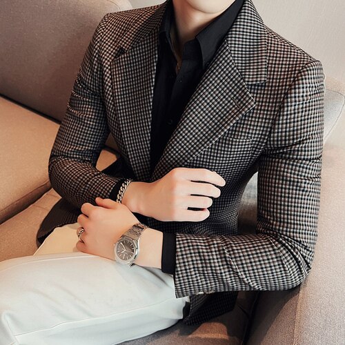saferido British Style Single-breasted Men Blazers Slim Wedding Business Casual Suit Jacket Houndstooth Street Wear Social Dress Coat