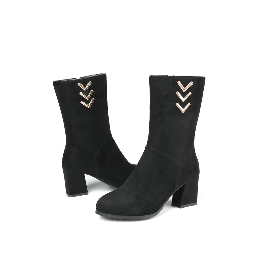 Qutaa scrub fyrkantig högklackad dragkedja höst vinter dam skor fritid rund tå metalldekoration mid kalv stövlar storlek 34-43: 7